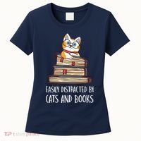 Easily Distracted By Cats And Books Cat & Book Lover Women's T-Shirt thumb 0