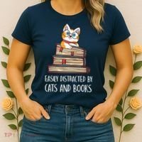 Easily Distracted By Cats And Books Cat & Book Lover Women's T-Shirt thumb 2