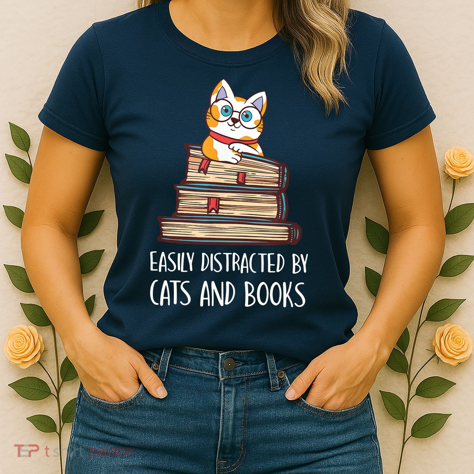 Easily Distracted By Cats And Books Cat & Book Lover Women's T-Shirt