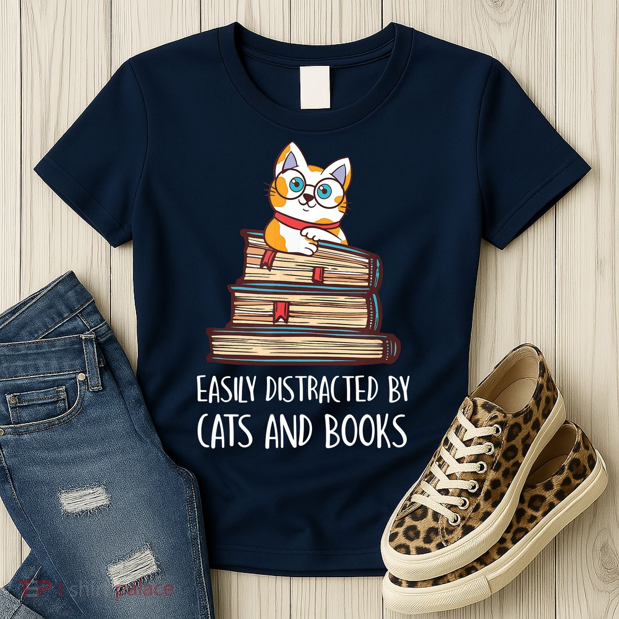 Easily Distracted By Cats And Books Cat & Book Lover Women's T-Shirt