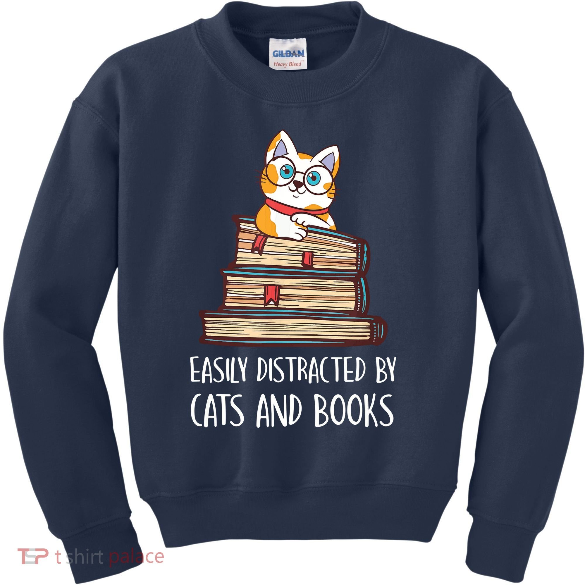 Easily Distracted By Cats And Books Cat & Book Lover Kids Sweatshirt