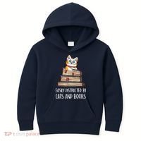 Easily Distracted By Cats And Books Cat & Book Lover Kids Hoodie thumb 0