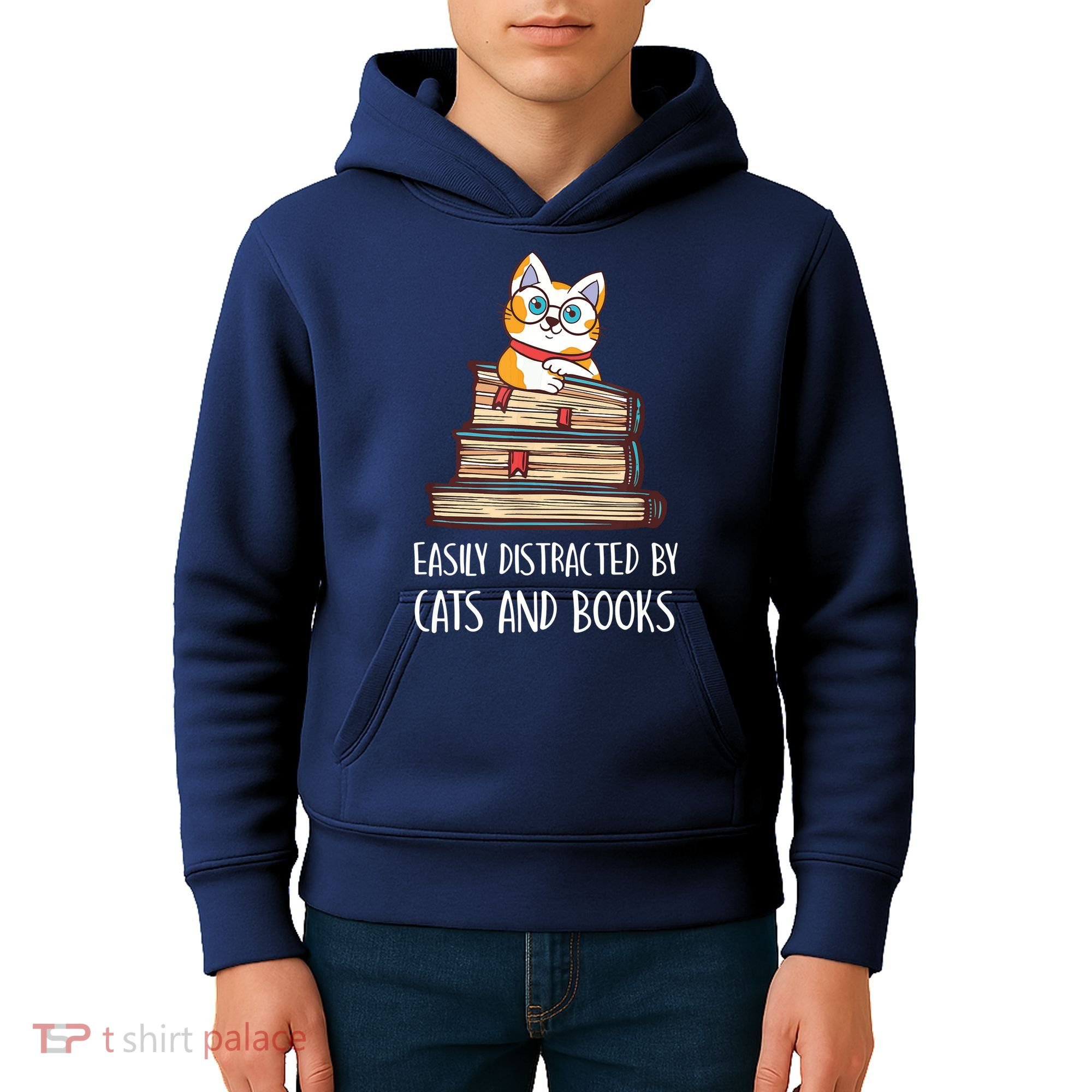 Easily Distracted By Cats And Books Cat & Book Lover Kids Hoodie