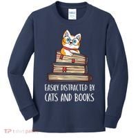 Easily Distracted By Cats And Books Cat & Book Lover Kids Long Sleeve Shirt thumb 0