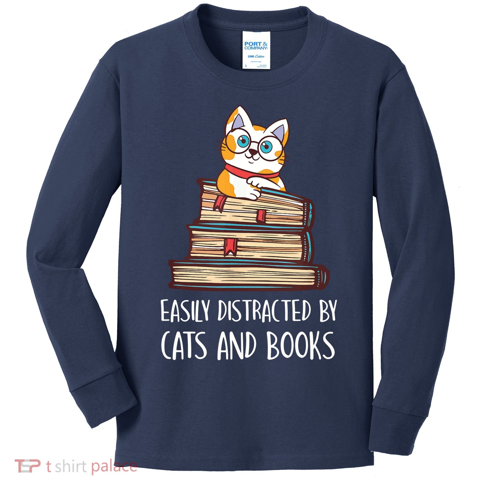 Easily Distracted By Cats And Books Cat & Book Lover Kids Long Sleeve Shirt