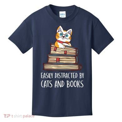 Easily Distracted By Cats And Books Cat & Book Lover Kids T-Shirt