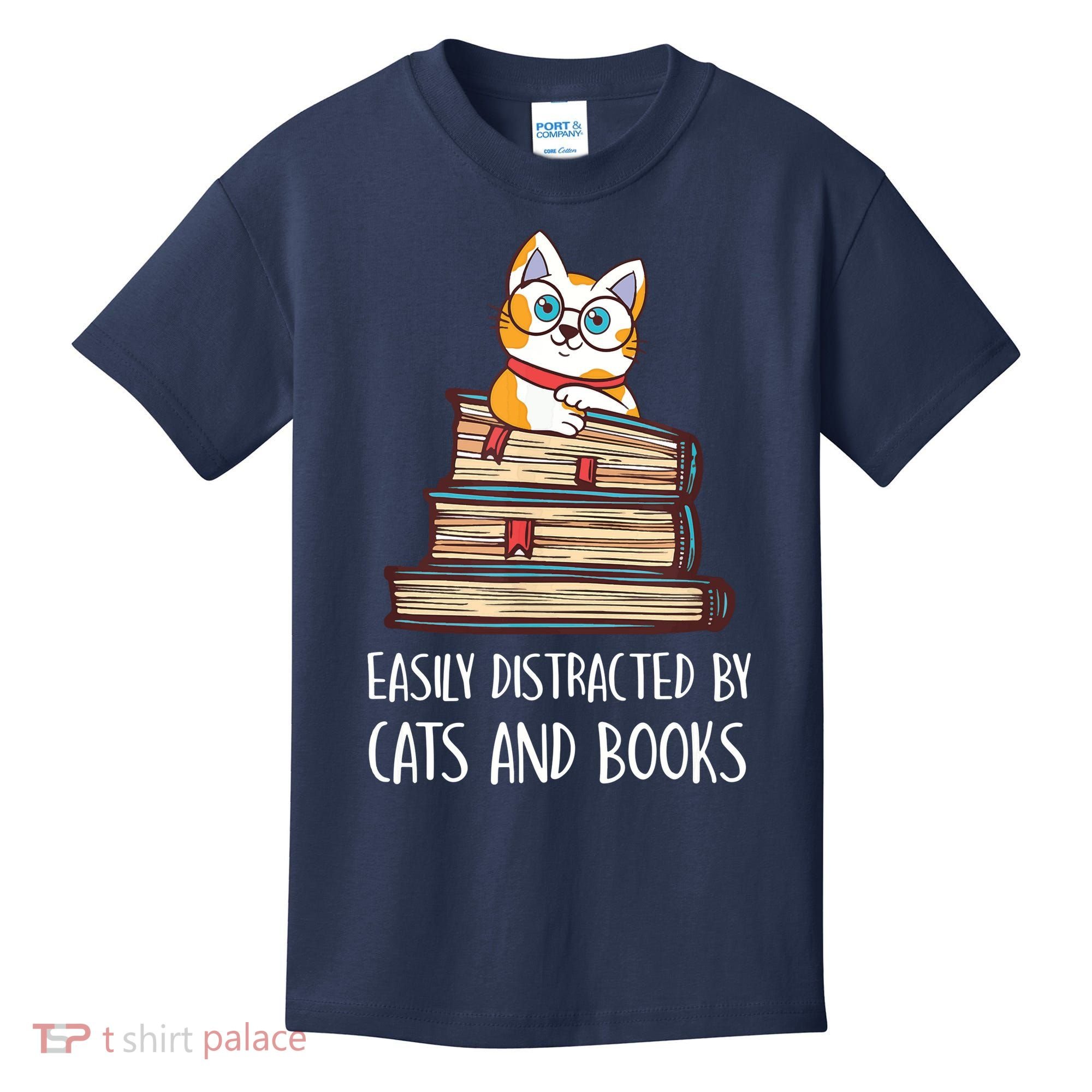 Easily Distracted By Cats And Books Cat & Book Lover Kids T-Shirt