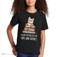 Easily Distracted By Cats And Books Cat & Book Lover Kids T-Shirt thumb 2