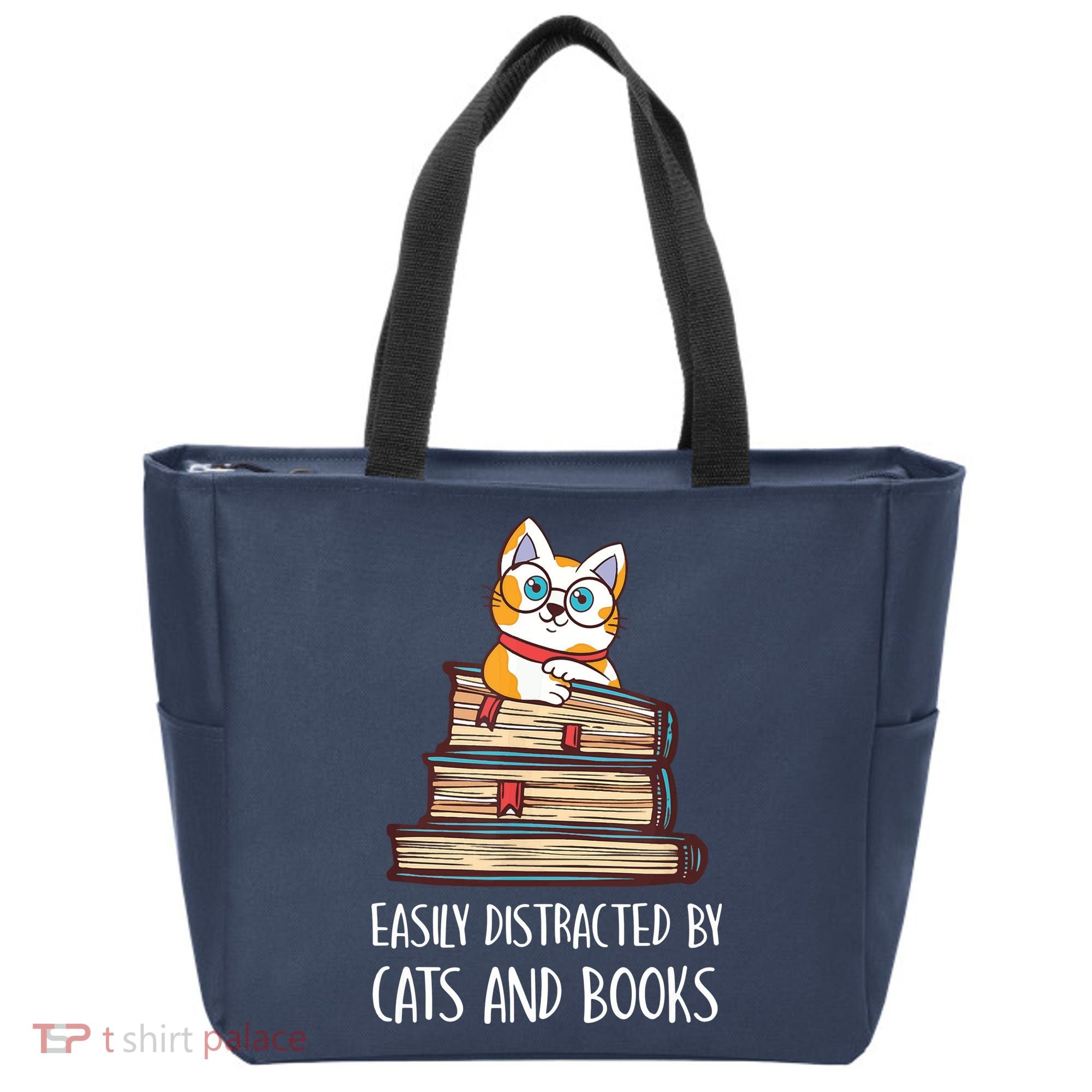 Easily Distracted By Cats And Books Cat & Book Lover Tote Bag