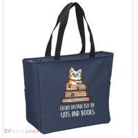 Easily Distracted By Cats And Books Cat & Book Lover Tote Bag thumb 2