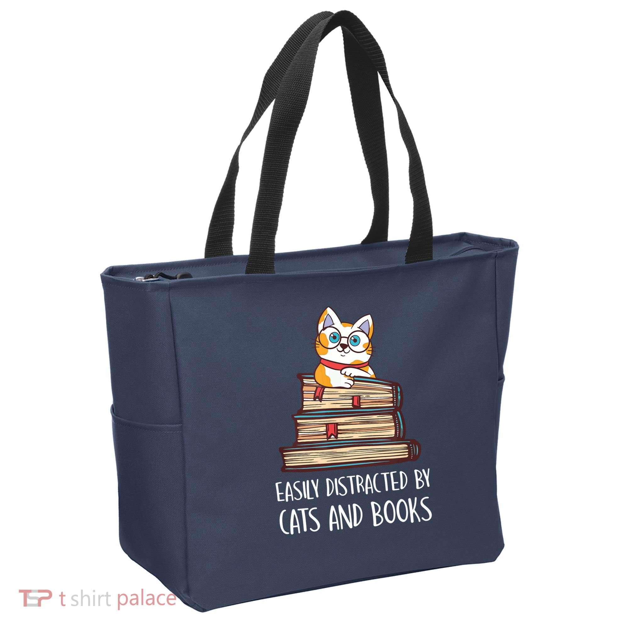 Easily Distracted By Cats And Books Cat & Book Lover Tote Bag