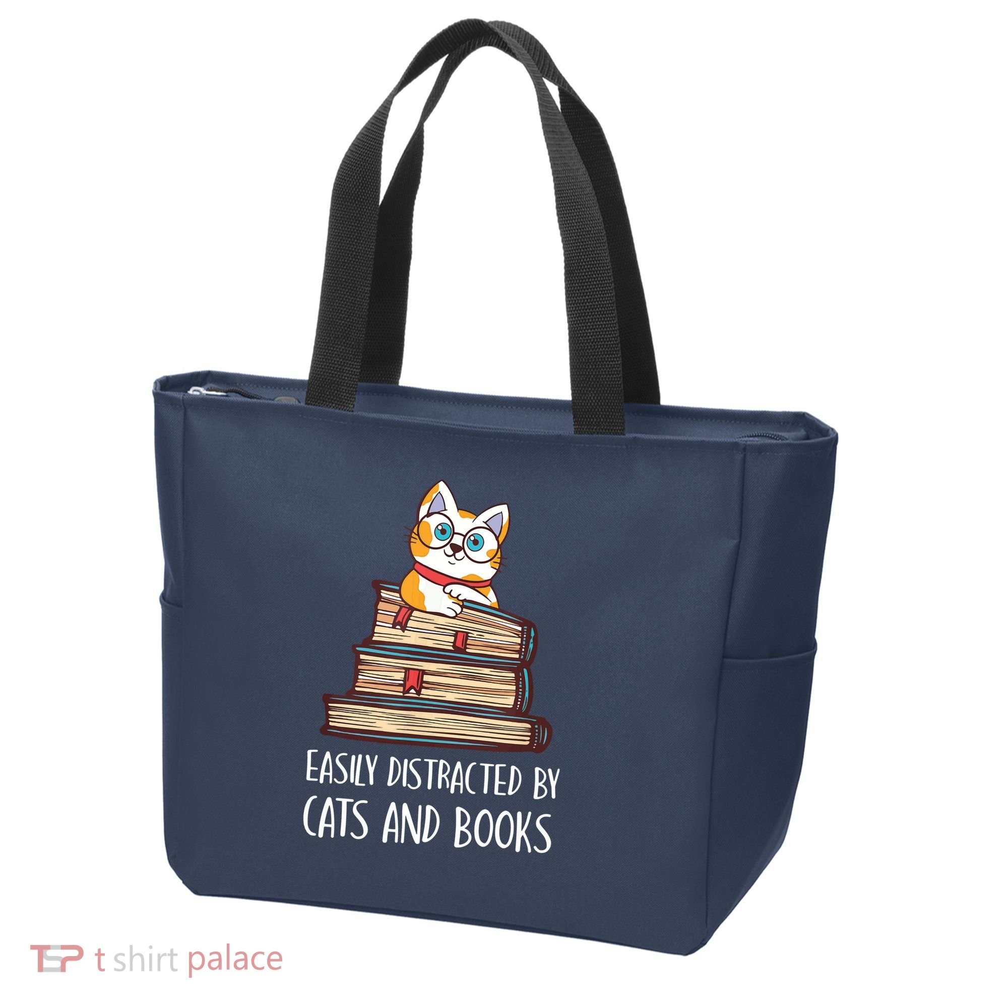 Easily Distracted By Cats And Books Cat & Book Lover Tote Bag