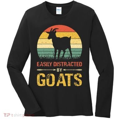 Easily Distracted By Goats Retro Vintage Farm Goat Lover Women's Long Sleeve Shirt