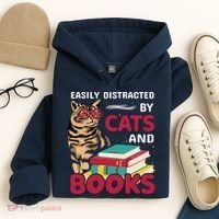 Easily Distracted By Cats And Books Hoodie thumb 4