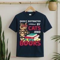 Easily Distracted By Cats And Books T-Shirt thumb 2