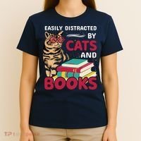 Easily Distracted By Cats And Books T-Shirt thumb 4