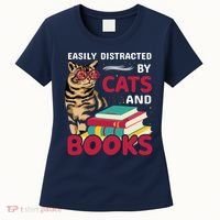 Easily Distracted By Cats And Books Women's T-Shirt thumb 0
