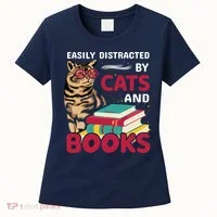 Easily Distracted By Cats And Books Women's T-Shirt thumb 0