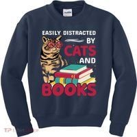 Easily Distracted By Cats And Books Kids Sweatshirt thumb 0