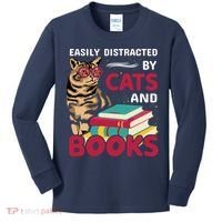 Easily Distracted By Cats And Books Kids Long Sleeve Shirt thumb 0