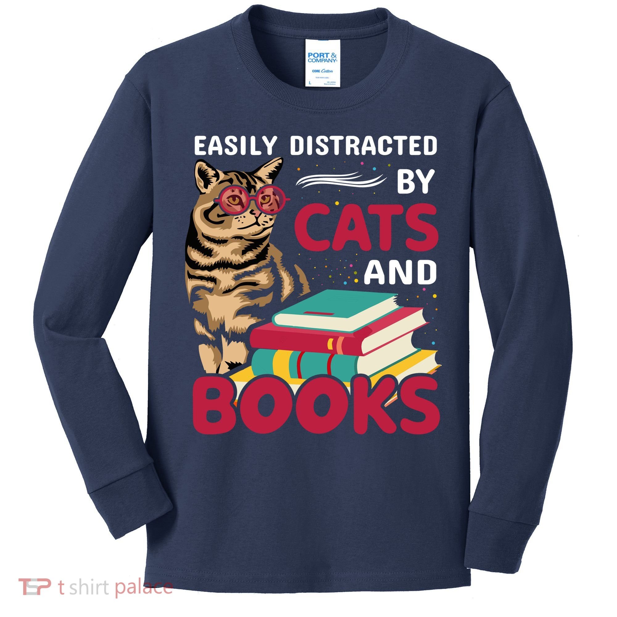 Easily Distracted By Cats And Books Kids Long Sleeve Shirt