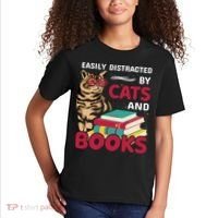Easily Distracted By Cats And Books Kids T-Shirt thumb 2