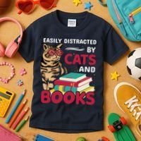 Easily Distracted By Cats And Books Kids T-Shirt thumb 3
