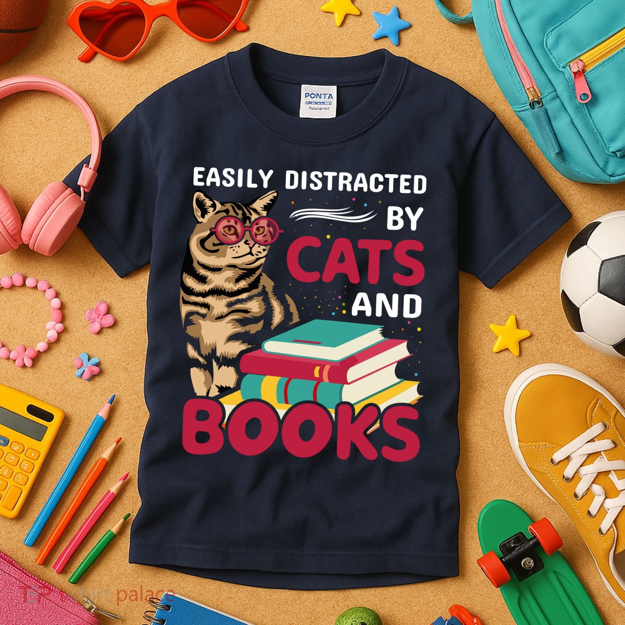 Easily Distracted By Cats And Books Kids T-Shirt