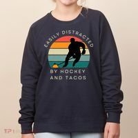 Easily Distracted By Hockey And Tacos Funny Women's Sweatshirt thumb 0