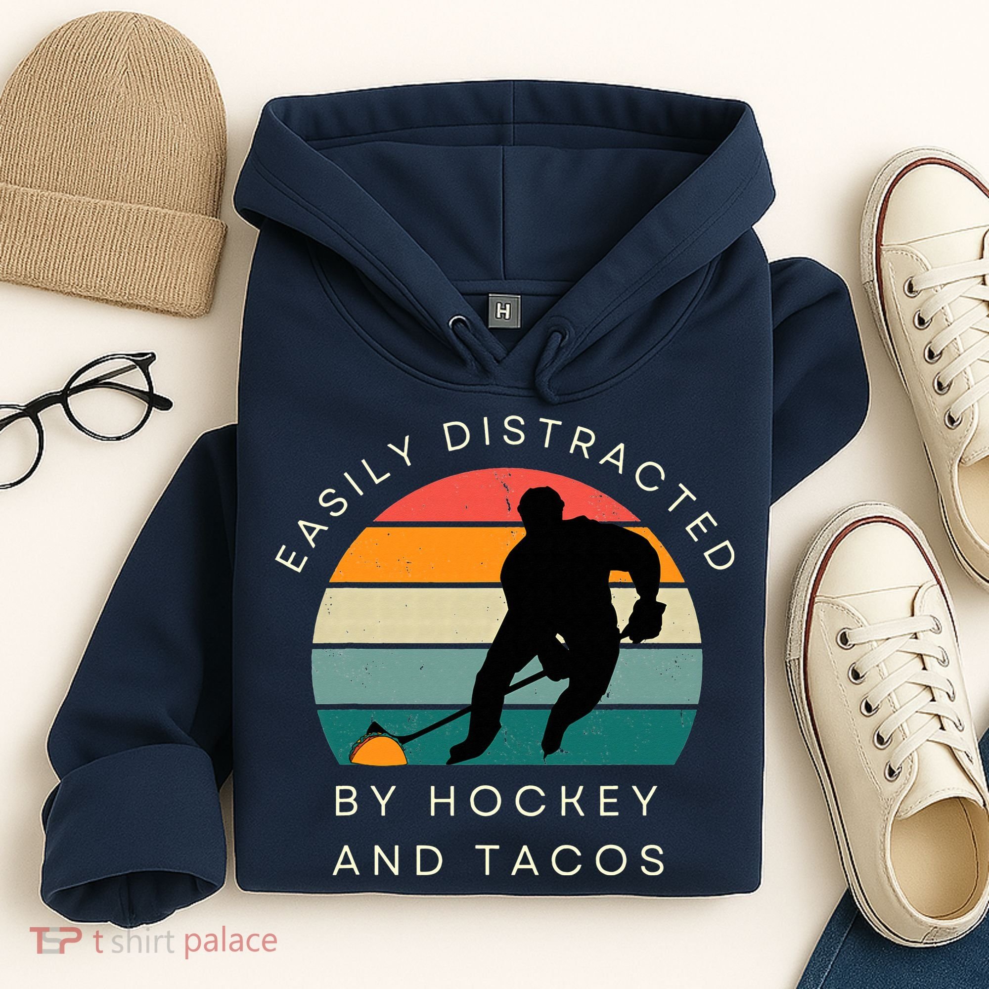 Easily Distracted By Hockey And Tacos Funny Hoodie