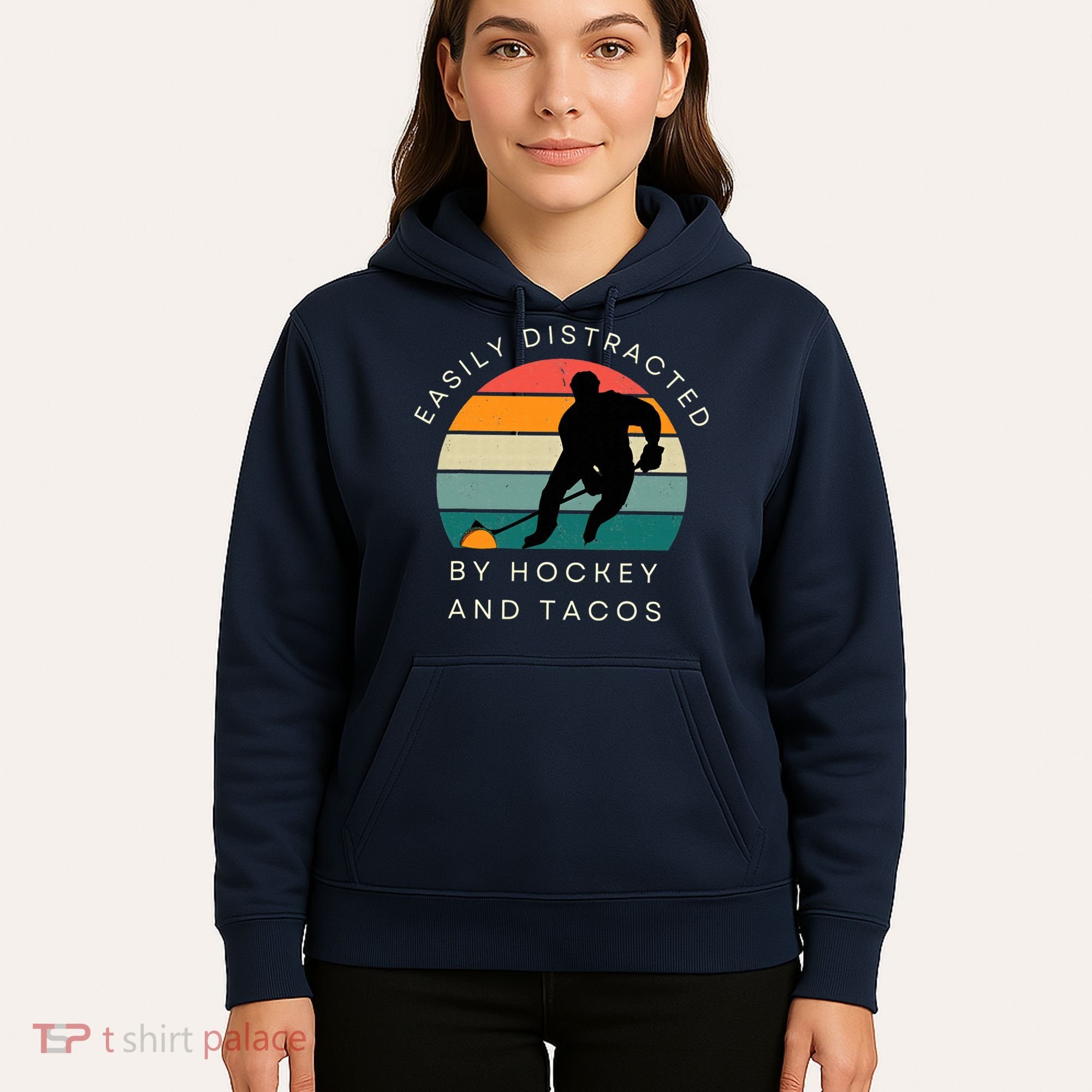 Easily Distracted By Hockey And Tacos Funny Hoodie