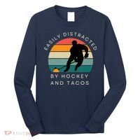 Easily Distracted By Hockey And Tacos Funny Long Sleeve Shirt thumb 0