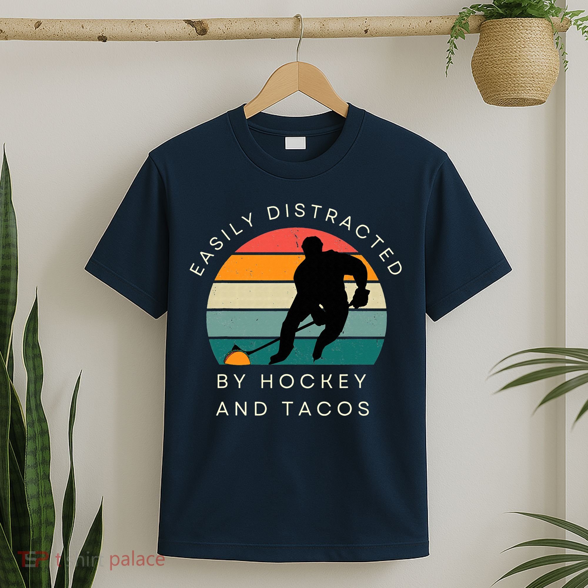 Easily Distracted By Hockey And Tacos Funny T-Shirt