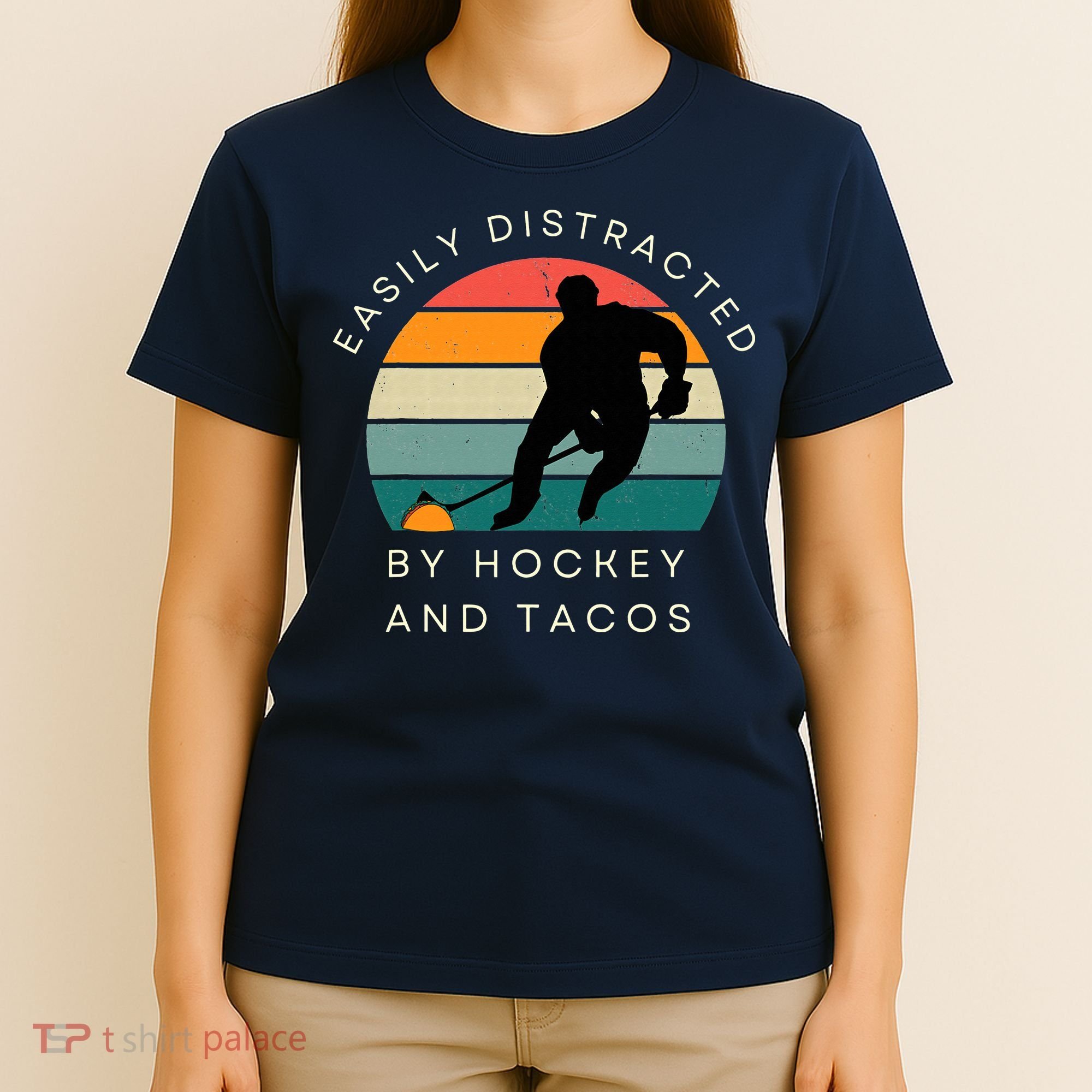 Easily Distracted By Hockey And Tacos Funny T-Shirt