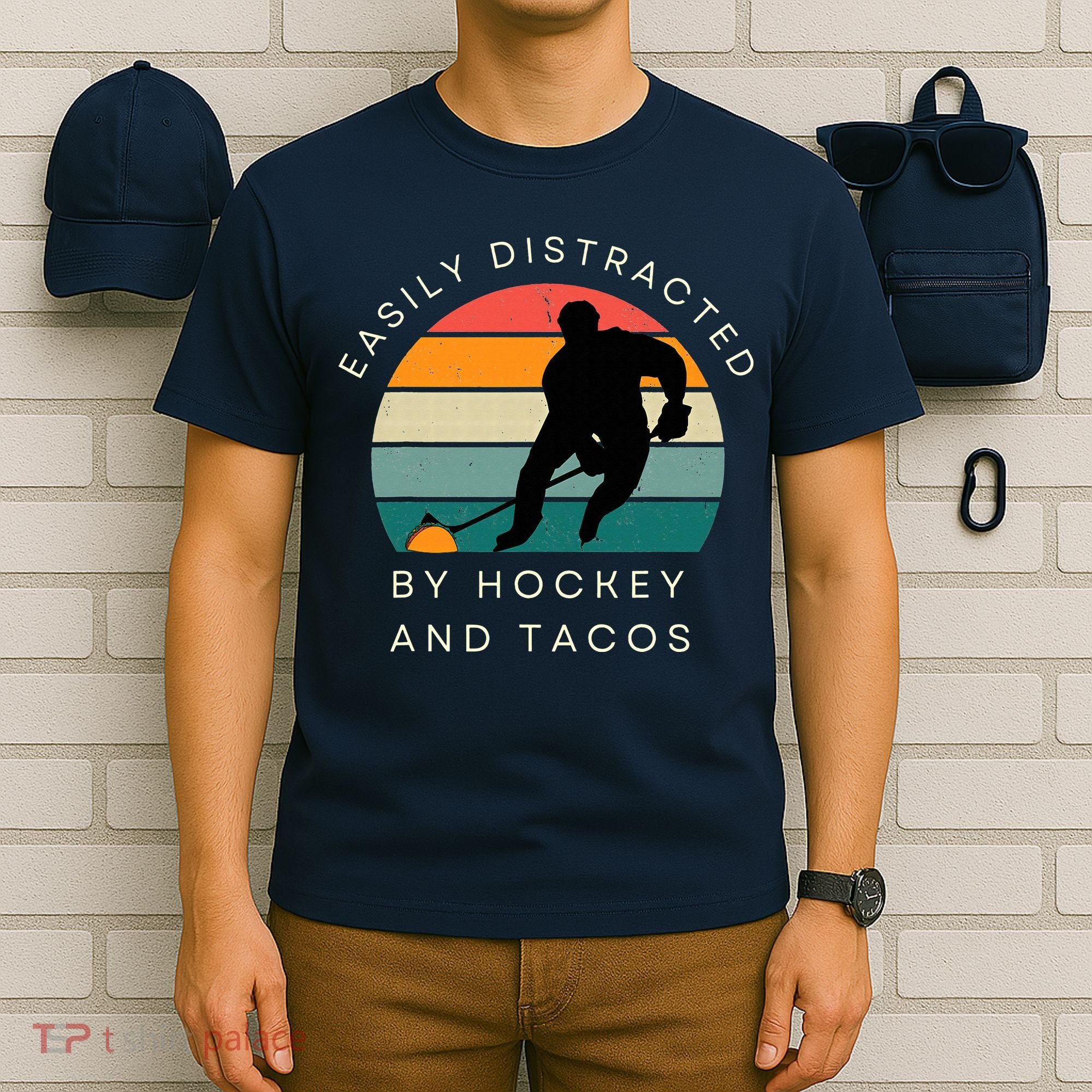 Easily Distracted By Hockey And Tacos Funny T-Shirt