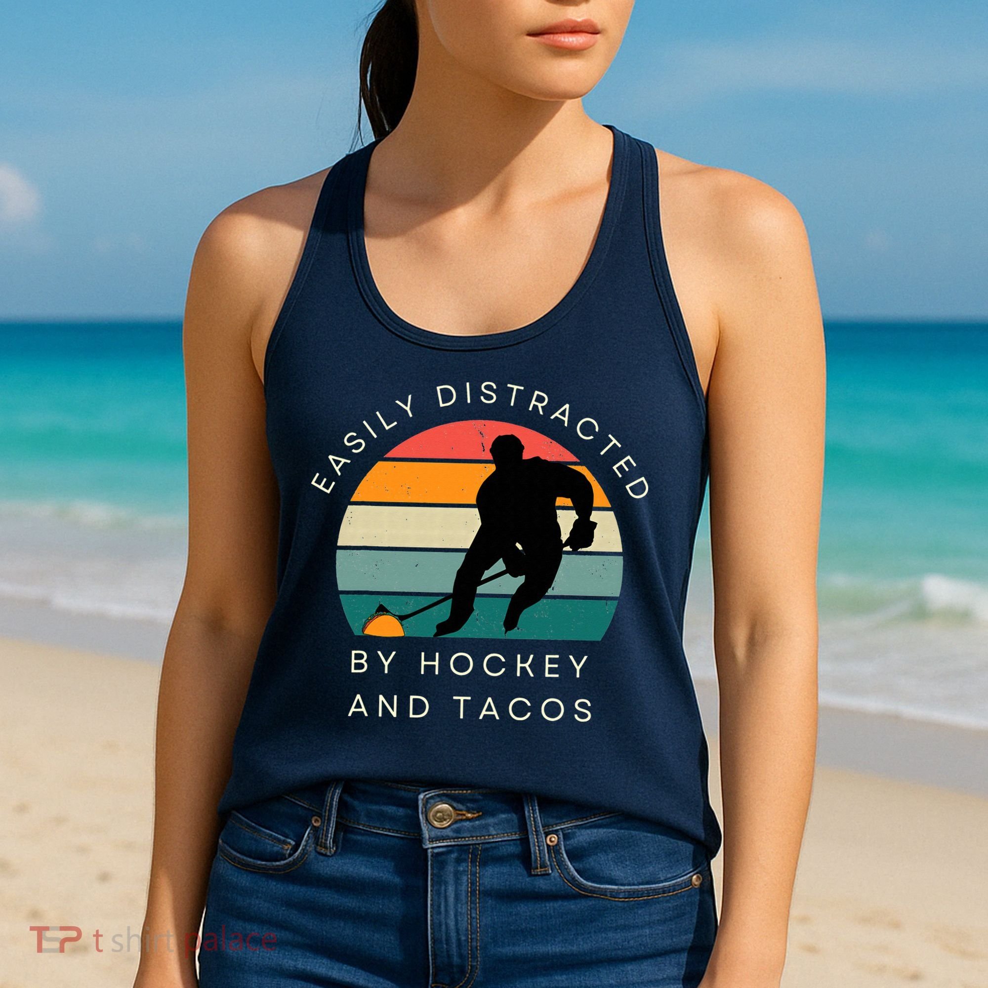 Easily Distracted By Hockey And Tacos Funny Women's Tank Top