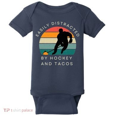 Easily Distracted By Hockey And Tacos Funny Baby Bodysuit