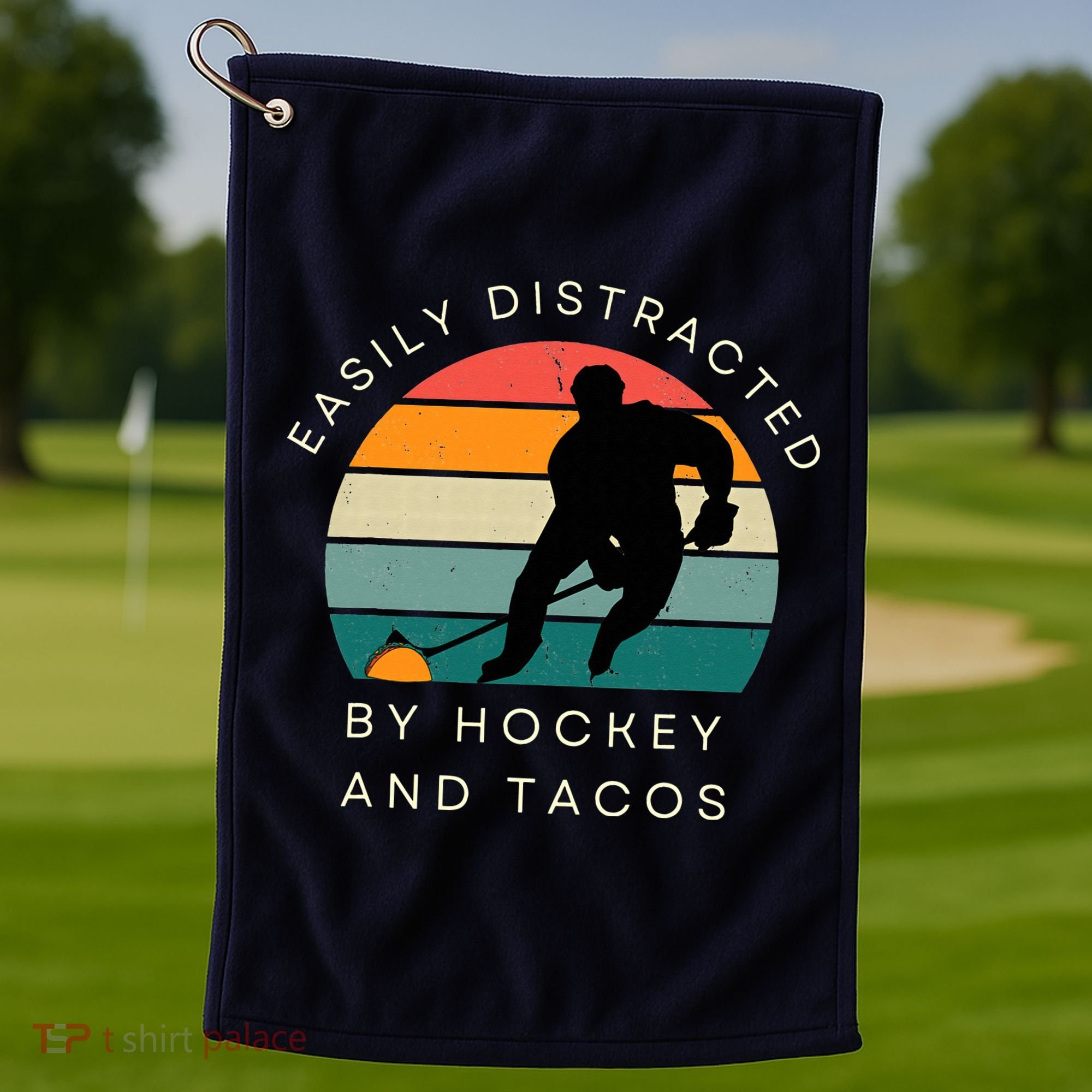 Easily Distracted By Hockey And Tacos Funny Golf Towel