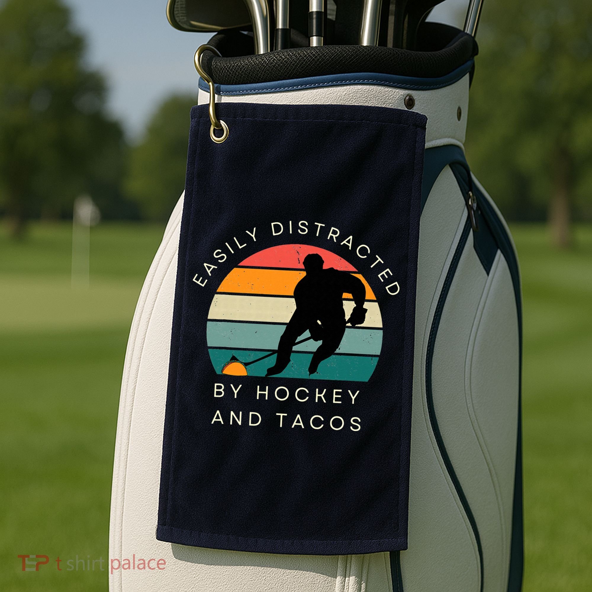 Easily Distracted By Hockey And Tacos Funny Golf Towel