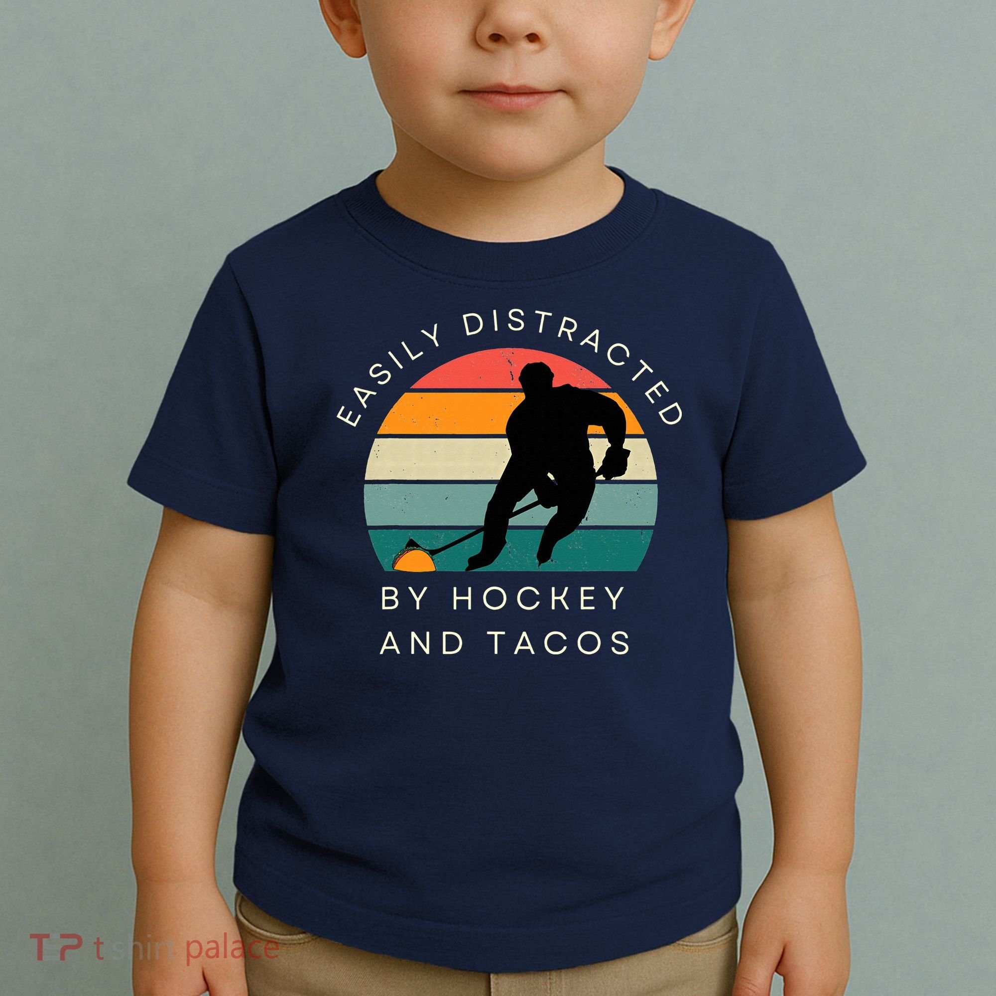 Easily Distracted By Hockey And Tacos Funny Toddler T-Shirt