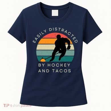 Easily Distracted By Hockey And Tacos Funny Women's T-Shirt