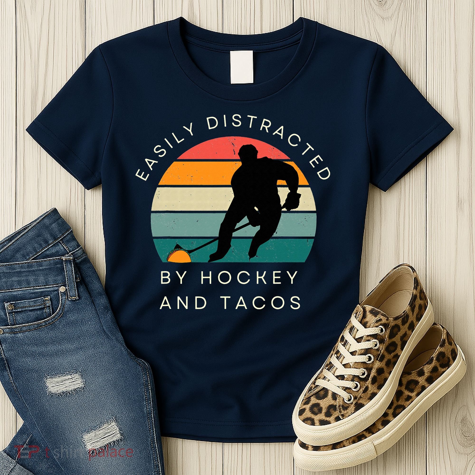 Easily Distracted By Hockey And Tacos Funny Women's T-Shirt