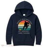 Easily Distracted By Hockey And Tacos Funny Kids Hoodie thumb 0