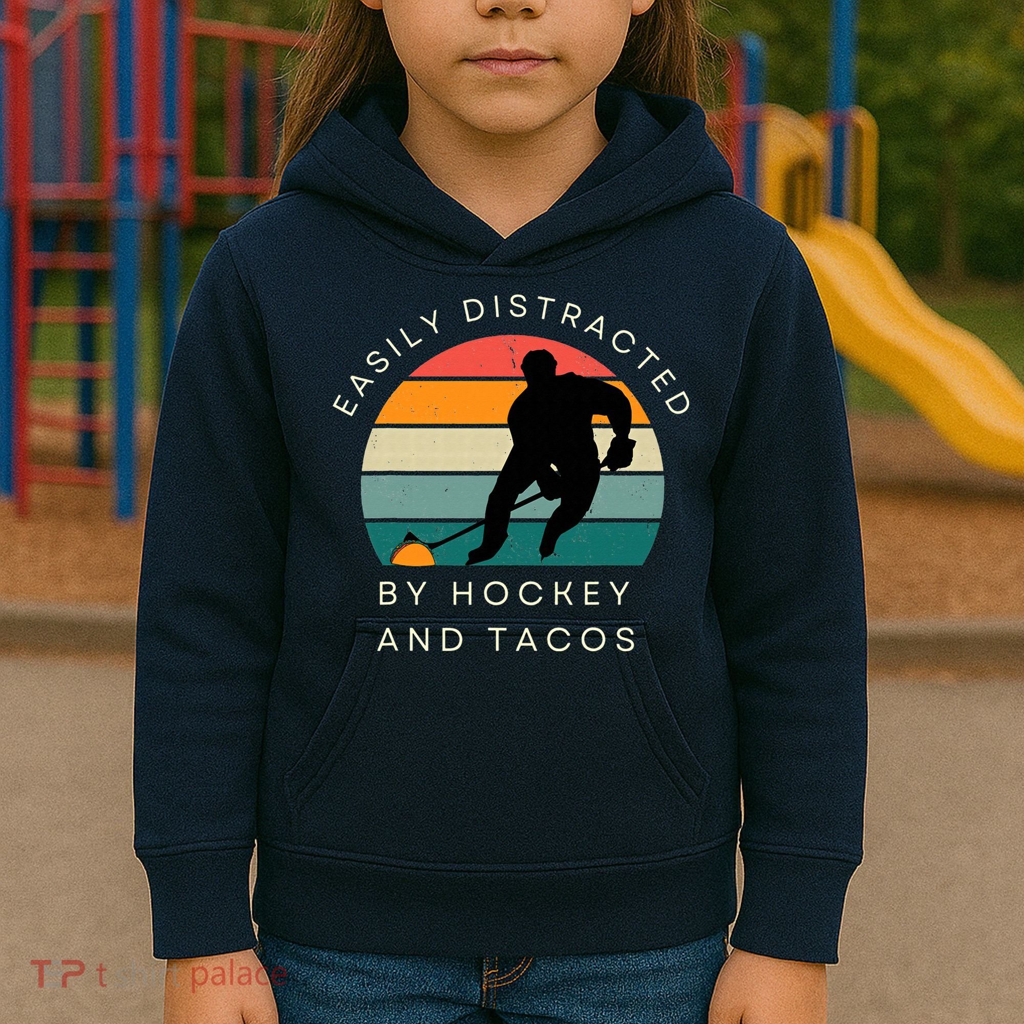 Easily Distracted By Hockey And Tacos Funny Kids Hoodie