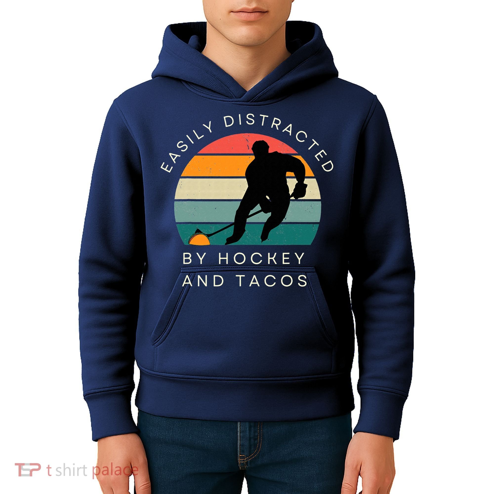 Easily Distracted By Hockey And Tacos Funny Kids Hoodie