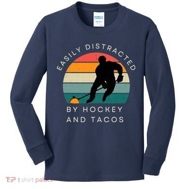 Easily Distracted By Hockey And Tacos Funny Kids Long Sleeve Shirt