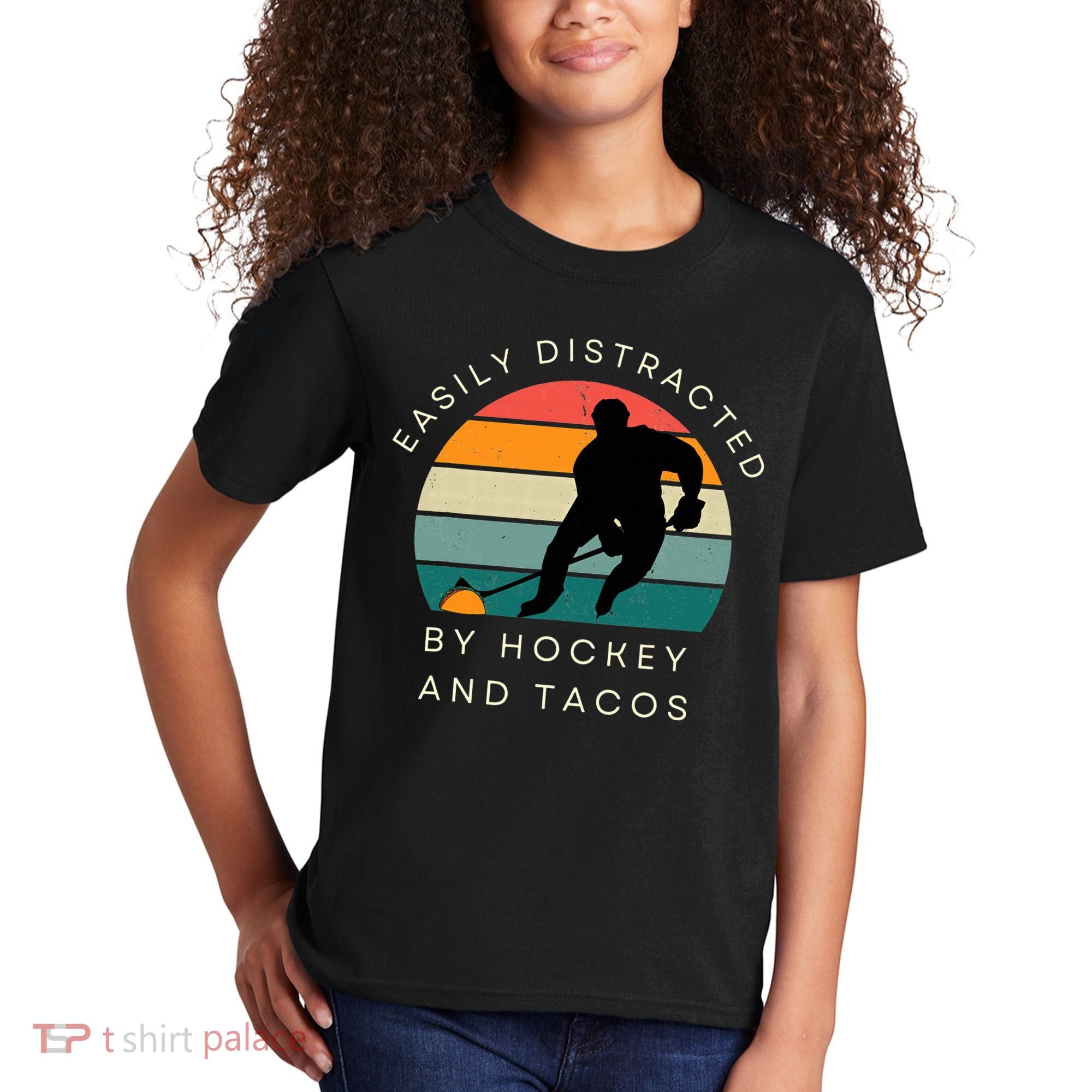 Easily Distracted By Hockey And Tacos Funny Kids T-Shirt