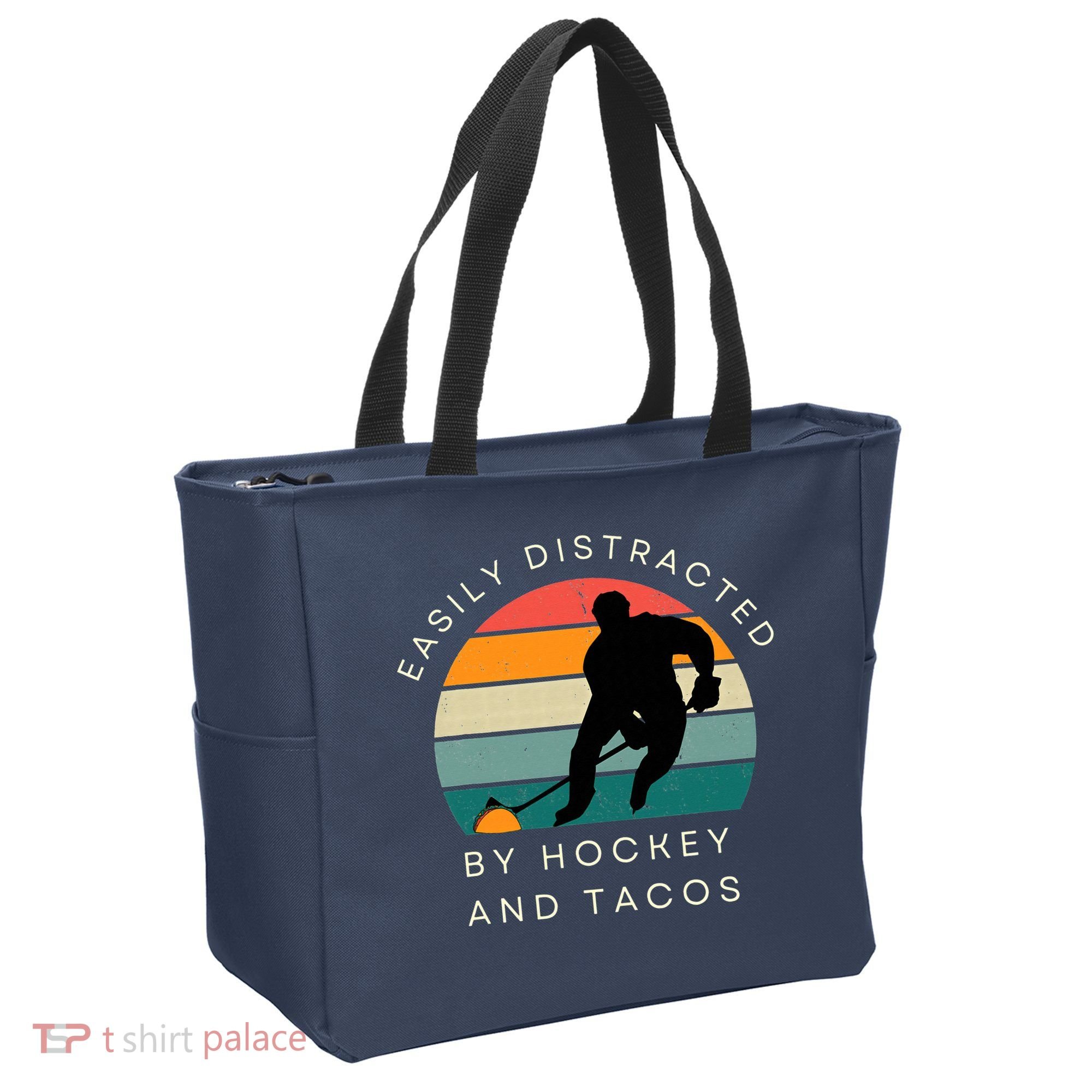 Easily Distracted By Hockey And Tacos Funny Tote Bag