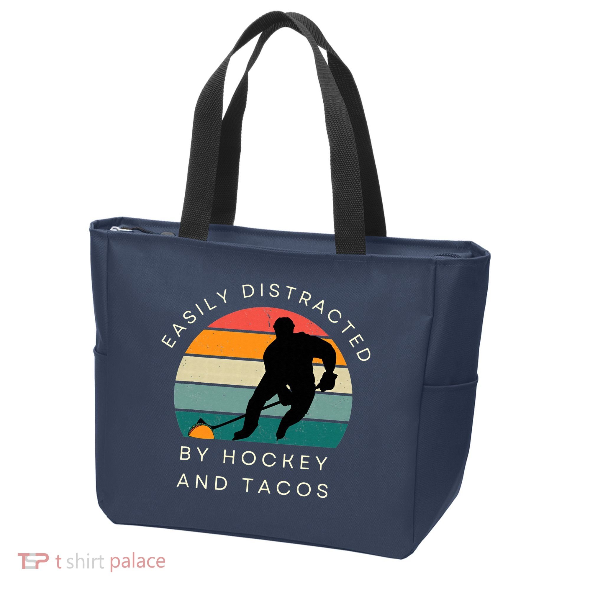 Easily Distracted By Hockey And Tacos Funny Tote Bag