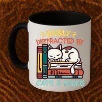 Easily Distracted By Cats And Books Cat & Book Lover Coffee Mug thumb 2